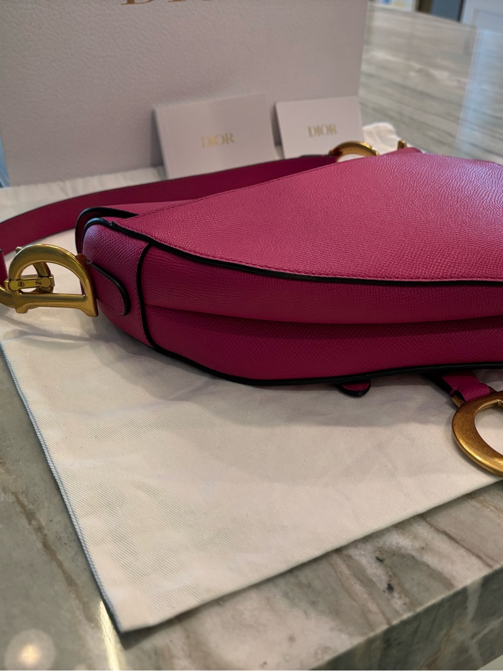 Dior Saddle Bag in Fuschia pink with Gold D Charm - Picture 6 of 7